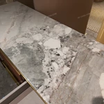 White Marble Console Table with Ribbed Rose Leather Drawers and Gold-Tone Frame